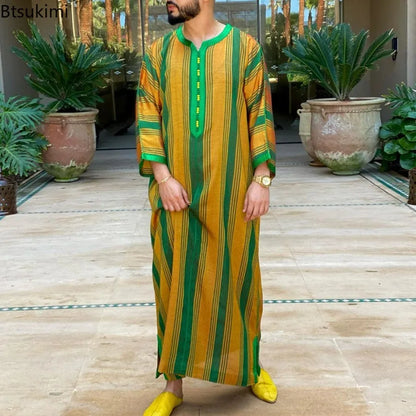 New 2024 Men Arab Muslim Fashion Islamic Clothing Men Embroidered Jubba Thobes Homme Moroccan Kaftan Eid Prayer Long Robe Dress