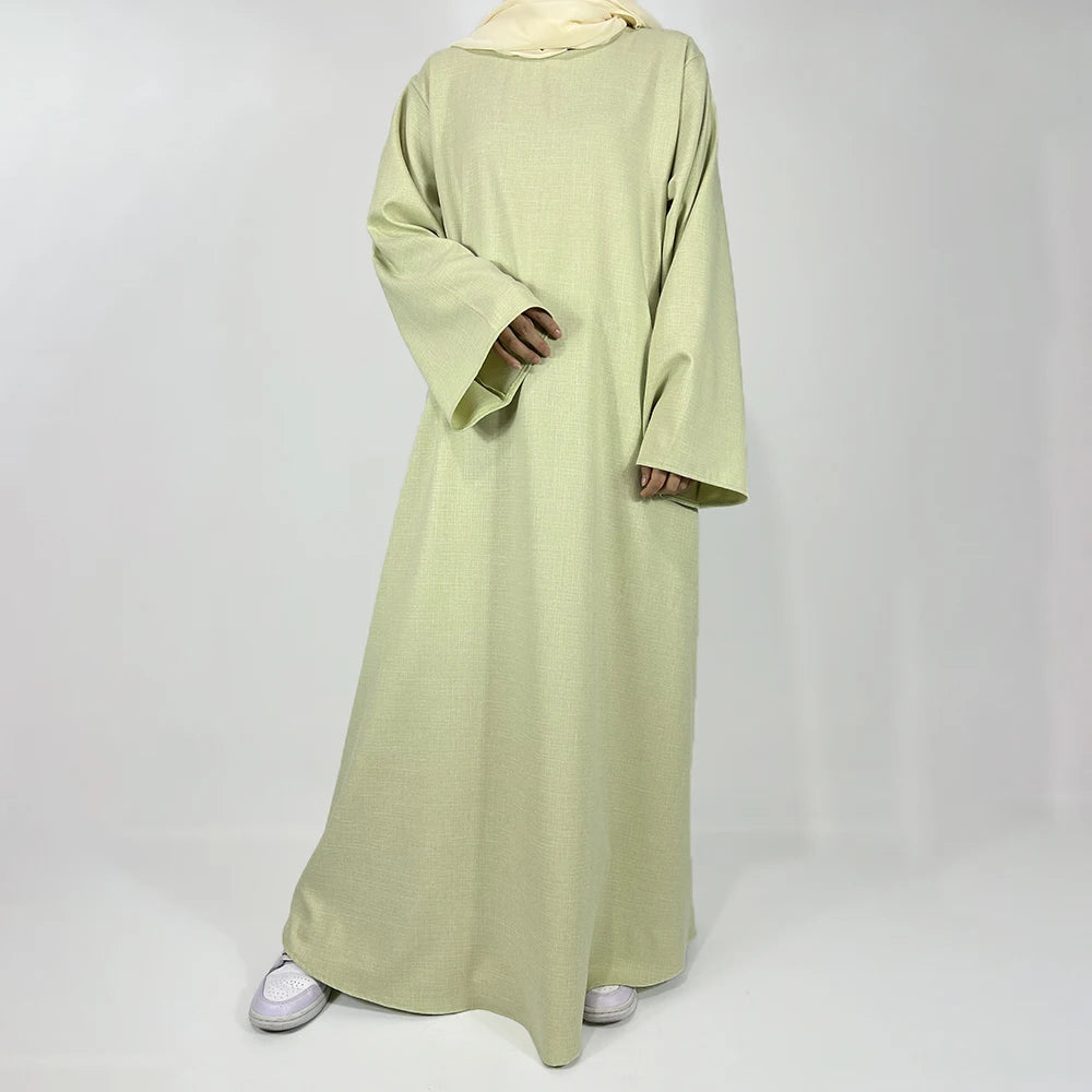 New Linen Closed Abaya With Pockets High Quality Modest Long Sleeve Cotton Maxi Dress EID Ramadan Muslim Women Islamic Clothing