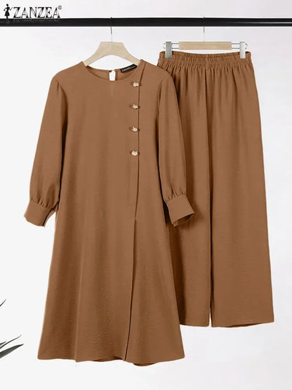 2PCS Fashion Split Hem Long Shirt Wide Leg Trousers Suits Solid Outfits