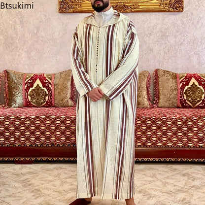 New 2024 Men Arab Muslim Fashion Islamic Clothing Men Embroidered Jubba Thobes Homme Moroccan Kaftan Eid Prayer Long Robe Dress