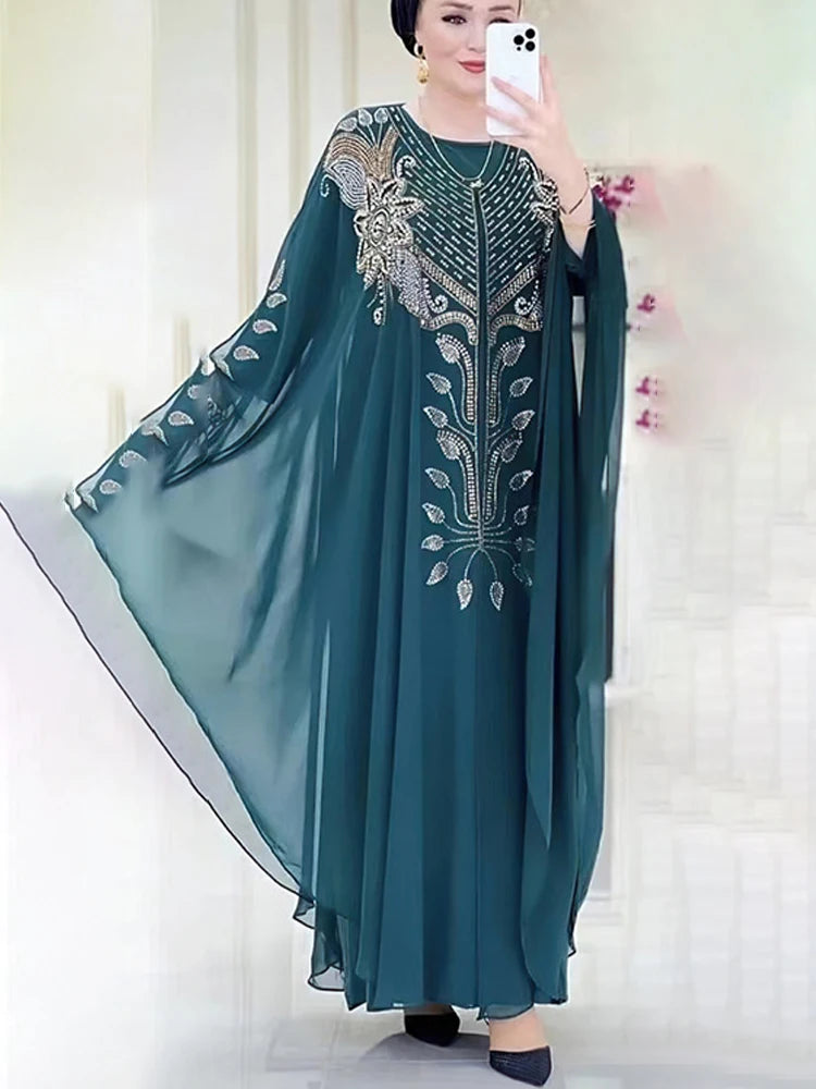 Elegant Chiffon Boubou Muslim Abaya Set | 2 PCS Dubai Turkey Maxi Dress | Islamic Caftan Marocain