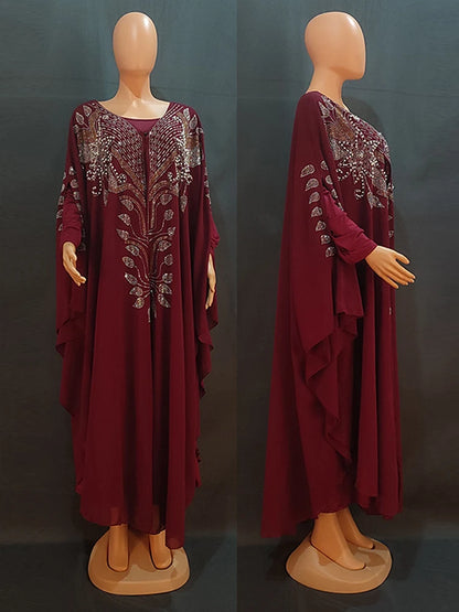 Elegant Chiffon Boubou Muslim Abaya Set | 2 PCS Dubai Turkey Maxi Dress | Islamic Caftan Marocain