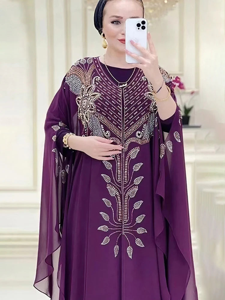 Elegant Chiffon Boubou Muslim Abaya Set | 2 PCS Dubai Turkey Maxi Dress | Islamic Caftan Marocain