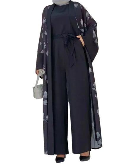 Ramadan Two Piece Suit Muslim Rompers Women Dubai Turkey Lace Up Abaya Jumpsuit Wide Leg Pants Kaftan Islamic Clothing Elegant