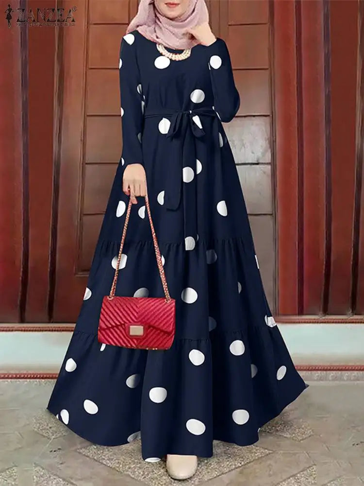 ZANZEA Mulsim Dubai Turkey Hijab Sundress Women's Vintage Polka Dot Printed Abaya Dress Femme Robe Maxi Dress Islamic Clothing