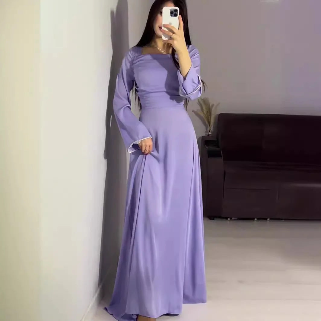 Long Sleeve Satin Diamond-encrusted Abaya Dubai Solid Muslim Dress Women Arabic Femme Elegance Abayas Turkey Islamic Clothing