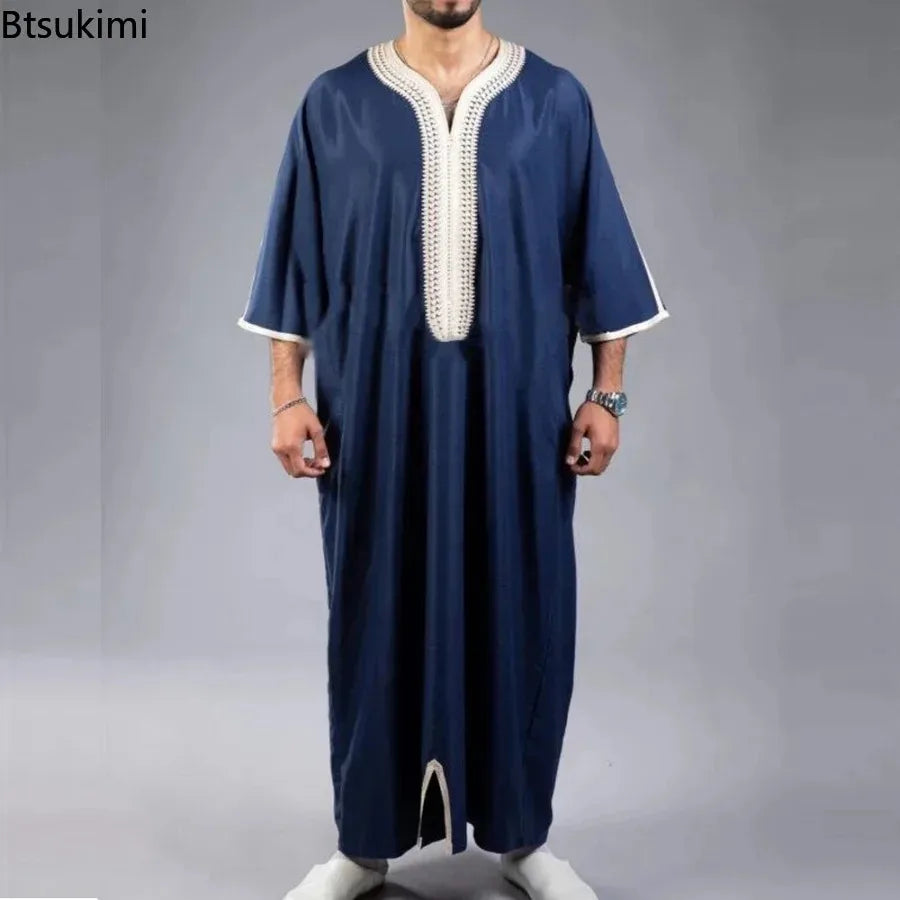 New 2024 Men Arab Muslim Fashion Islamic Clothing Men Embroidered Jubba Thobes Homme Moroccan Kaftan Eid Prayer Long Robe Dress