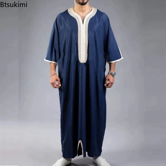 New 2024 Men Arab Muslim Fashion Islamic Clothing Men Embroidered Jubba Thobes Homme Moroccan Kaftan Eid Prayer Long Robe Dress