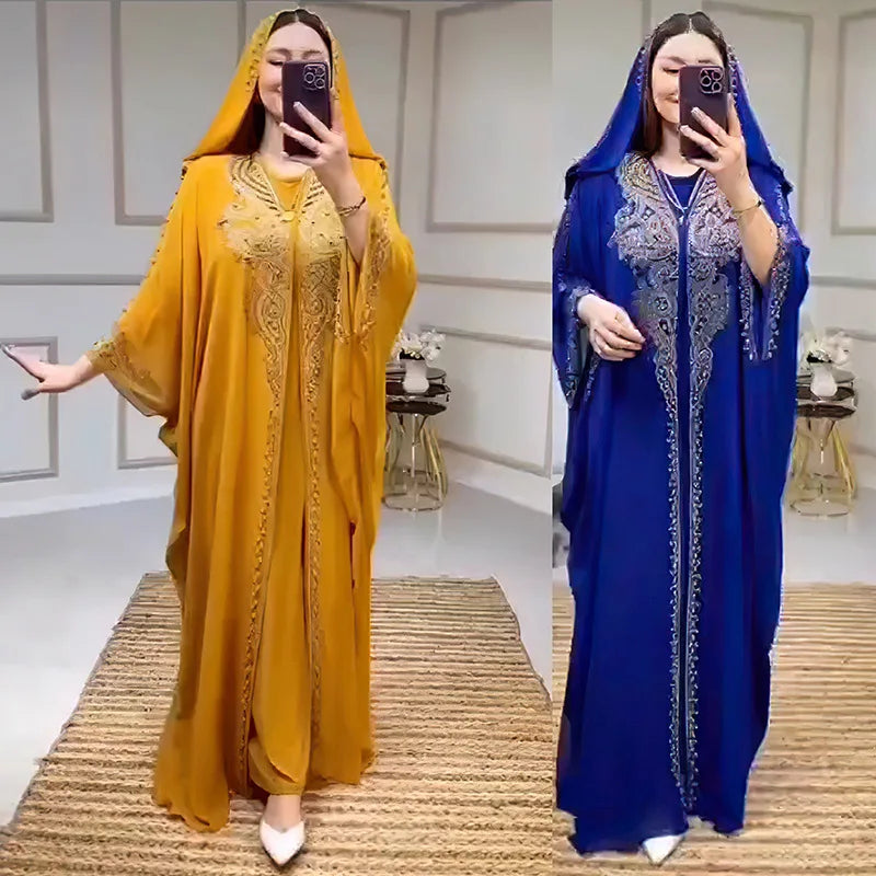 Elegant African Hooded Diamonds Kaftan | Ankara Dashiki Marocain Boubou | Evening Party Gown Abaya