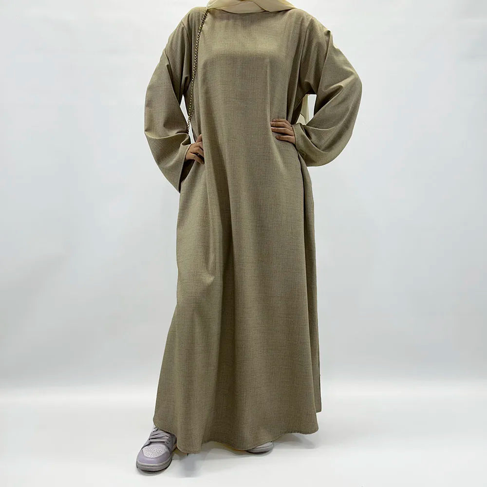 New Linen Closed Abaya With Pockets High Quality Modest Long Sleeve Cotton Maxi Dress EID Ramadan Muslim Women Islamic Clothing